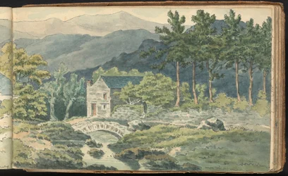 Album of Landscape and Figure Studies: Two Houses Along a Roadside in the Mountains