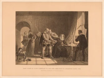 Mary Queen of Scots Compelled to Sign Her Abdication in Lochleven Castle, 1567