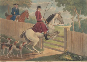 Hunting [two of a set of twelve]: 7. [A rider putting horse to a gate]