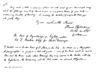 Part of a letter from Thomas Chatterton to Horace Walpole, late 18th century, 1840