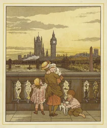 A Woman Stands Holding a Baby with Two Children and a Dog