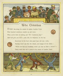 Passengers travelling on the omnibus while children turn cartwheels on the street below