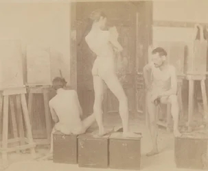 Three Nude Models in Painting Studio
