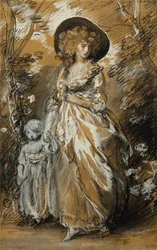 A Lady Walking in a Garden, Standing Full Length and Holding her Small Child by the Hand