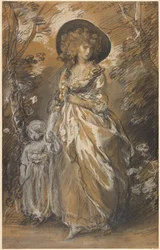 A Lady Walking in a Garden with a Child