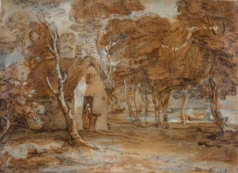 Wooded Landscape, Cottage, Figures and Boat on Lake