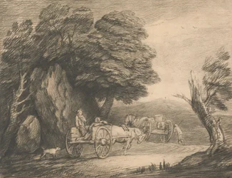 Wooded Landscape with Two Country Carts and Figures