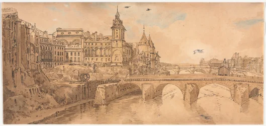 A Selection of Twenty of the Most Picturesque Views in Paris: View of Pont au Change, the City Theatre, Pont Neuf, Conciergerie Prison, and taken from Pont Notre Dame