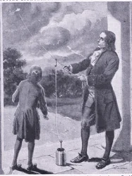 Franklin proving lightning and electrical phenomenon, illustration from 