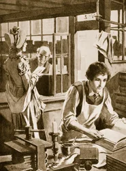 Michael Faraday as an apprentice to a bookseller reading an encyclopedia