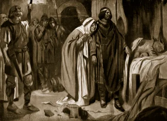 Queen Ethelburga persuading Ine of Wessex to resign the crown, 728, illustration from 