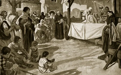 The performance of an early mystery play, illustration from 