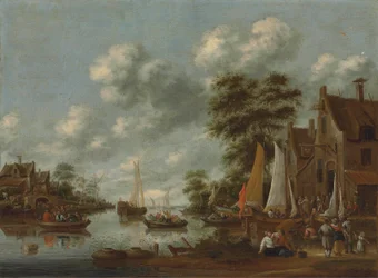 River Landscape with Ferry Boats and Other Vessels, Figures Disembarking by an Inn
