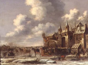 Townsfolk on the Ice by a Town Gate