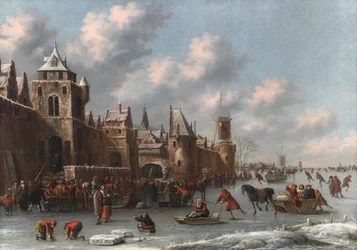 Winter Landscape with Figures Skating and Sledging on a Frozen Moat by a Fortified Town
