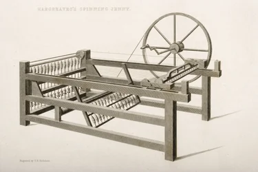 The Spinning Jenny, invented by James Hargreaves in 1764