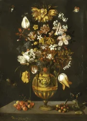 Golden Bronze Vase of Flowers with Cherries, Tree Strawberries and Almonds on a Table