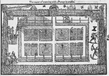 The manner of watering with a pump in a tub, from The Gardeners Labyrinth, 1577