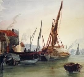 View of Boats Moored on the River Thames at Bankside, Southwark, London