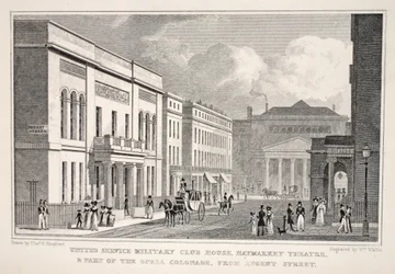 United Service Military Club House, Haymarket Theatre and part of the Opera Colonnade from Regent Street, from 