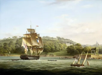 A royal frigate and other ships in Barn Bay off Plymouth, in front of Mount Edgcumbe
