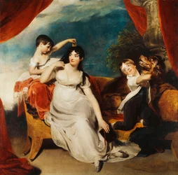 Group Portrait of Mrs. Henry Baring and Two of Her Children and a Large Dog, a Landscape Beyond