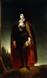 Portrait of John Kemble as Hamlet, standing full-length in a Landscape, wearing a cape and holding a skull