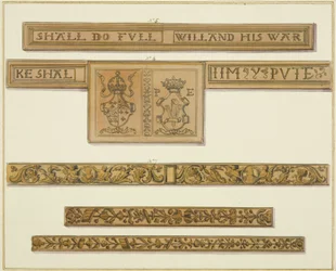 Carved friezes and coats-of-arms from 46 Baldwin Street