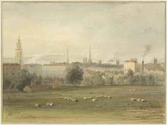 Near Stokes Croft with a view of Bristol skyline (site of Sadler and Clayfield