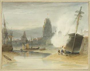 View of St Mary Redcliffe from the Gibb slip prior to formation of Floating Harbour, also showing the breaming of the bottom of a ship