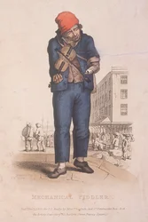 Fiddler with a prosthetic arm, with a market in the background