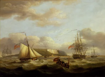 A cutter passing astern of a frigate, early 19th century