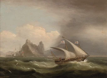 An armed Xebec in the Mediterranean, a British frigate off her stern and running past a rocky coastline