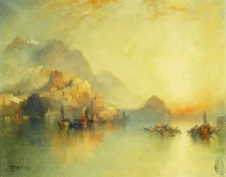 A Hillside Village at Sunset