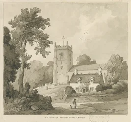 Mucklestone Church: sepia wash drawing