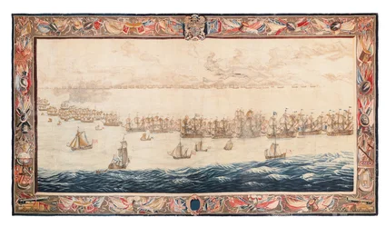 Historical tapestry of the Battle at Solebay, Mortlake, designs attributed to William van de Velde, circa 1688