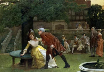 The End of the Skein. A woman refuses the advances of a man. 1890. Painting by Thomas Reynolds Lamont. Private collection