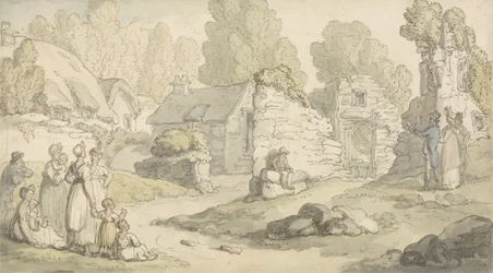 A Village Scene with Figures and Ruined Buildings