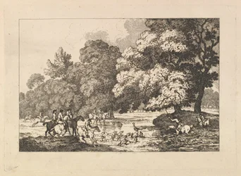 Deer Hunting - A Landscape Scene with Stag and Hounds in a River