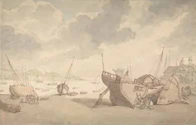 Harbor scene with the tide out, and beached boats