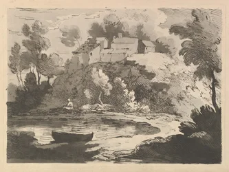 Hilly River Landscape, a Boat in the Water at Foreground Left, a Figure on the Far Shore...