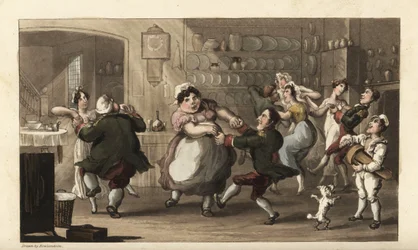 Johnny dancing at a secret party with other servants in the kitchen