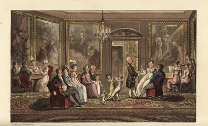 Johnny gives a big party. Social event in a large mansion, with guests playing cards, singing songs, talking, dancing, and socializing. Handcoloured copperplate engraving by Thomas Rowlandson from William Combe