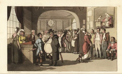 Johnny Looking for Work at a Registry Office for Domestic Servants. Men and Women with Monocles Examining Porters, Maids and Other Staff. Handcoloured Copperplate Engraving by Thomas Rowlandson from William Combe