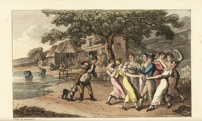 Johnny Playing His Flute at a Sheep-shearing Festival, Surrounded by Dancing Country Girls