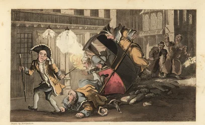 Johnny thrown out of a sedan chair when the porters crash over a pile of stones in the street. Night Watchmen with lanterns and rattles arrives