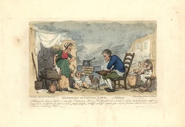 Man using bellows in front of a fire in a smoky room