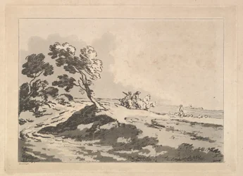 Open Landscape with Three Horsemen in the Middle Distance Heading to the Right