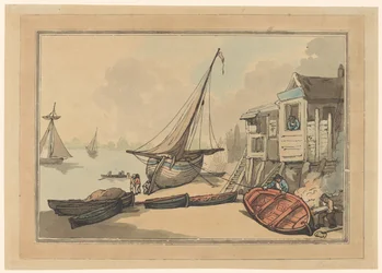 Rowboats and a Sailing Ship on a Shore