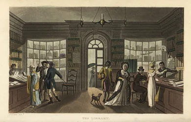The Library. Customers, including a woman and her Black servant, looking at new books in a circulating library, perhaps Ainsworth
